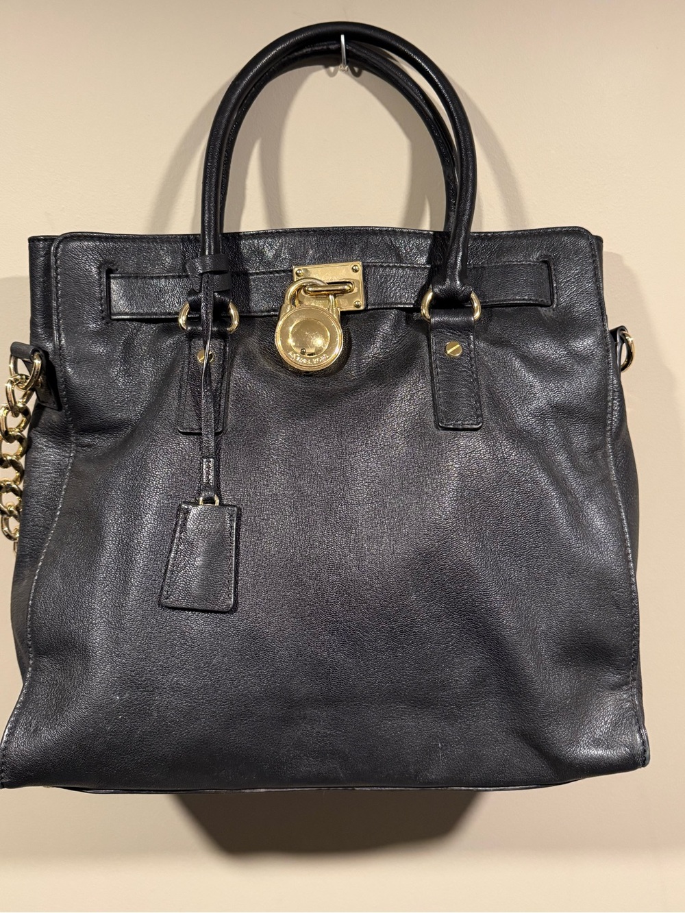 Michael Kors Hamilton tote Black Leather Satchel Handbag with Gold Hardware